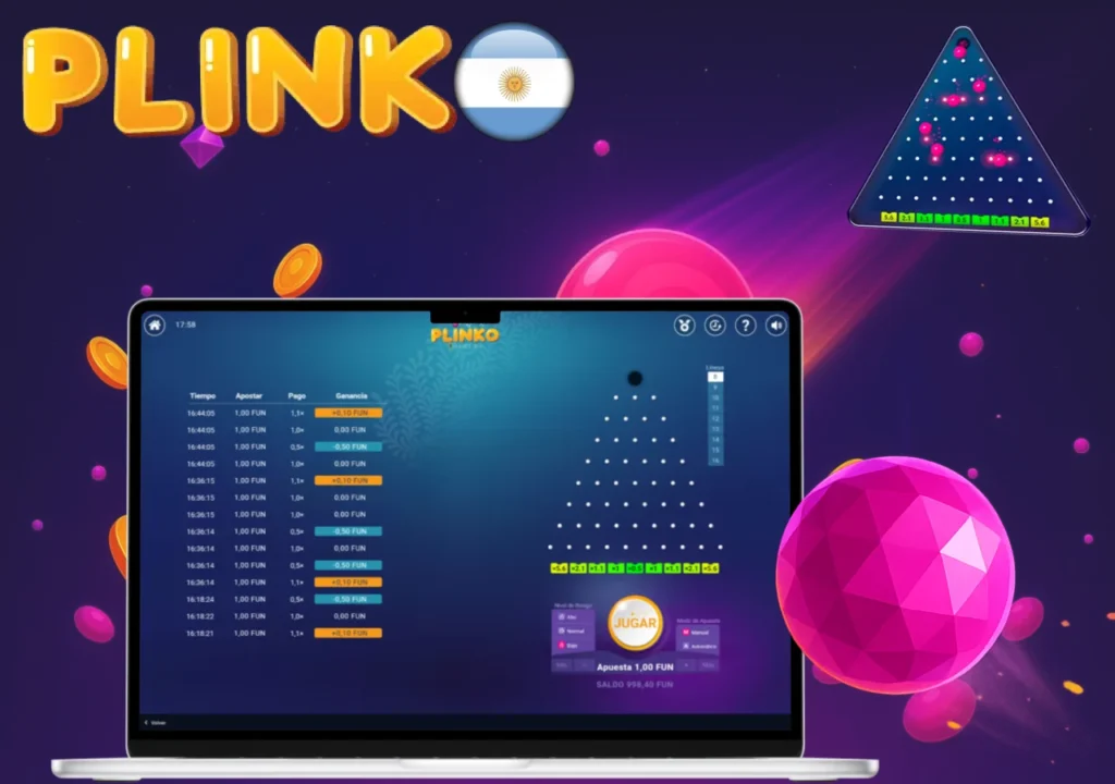 Interfaz del juego Plinko en Argentina mostrando historial de apuestas y ganancia en modo estrategia