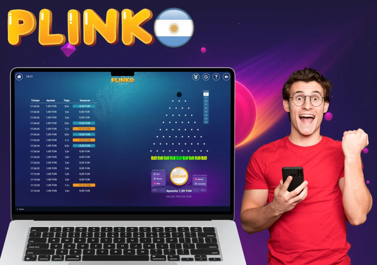 Jugador argentino celebrando una victoria en el juego Plinko desde su computadora