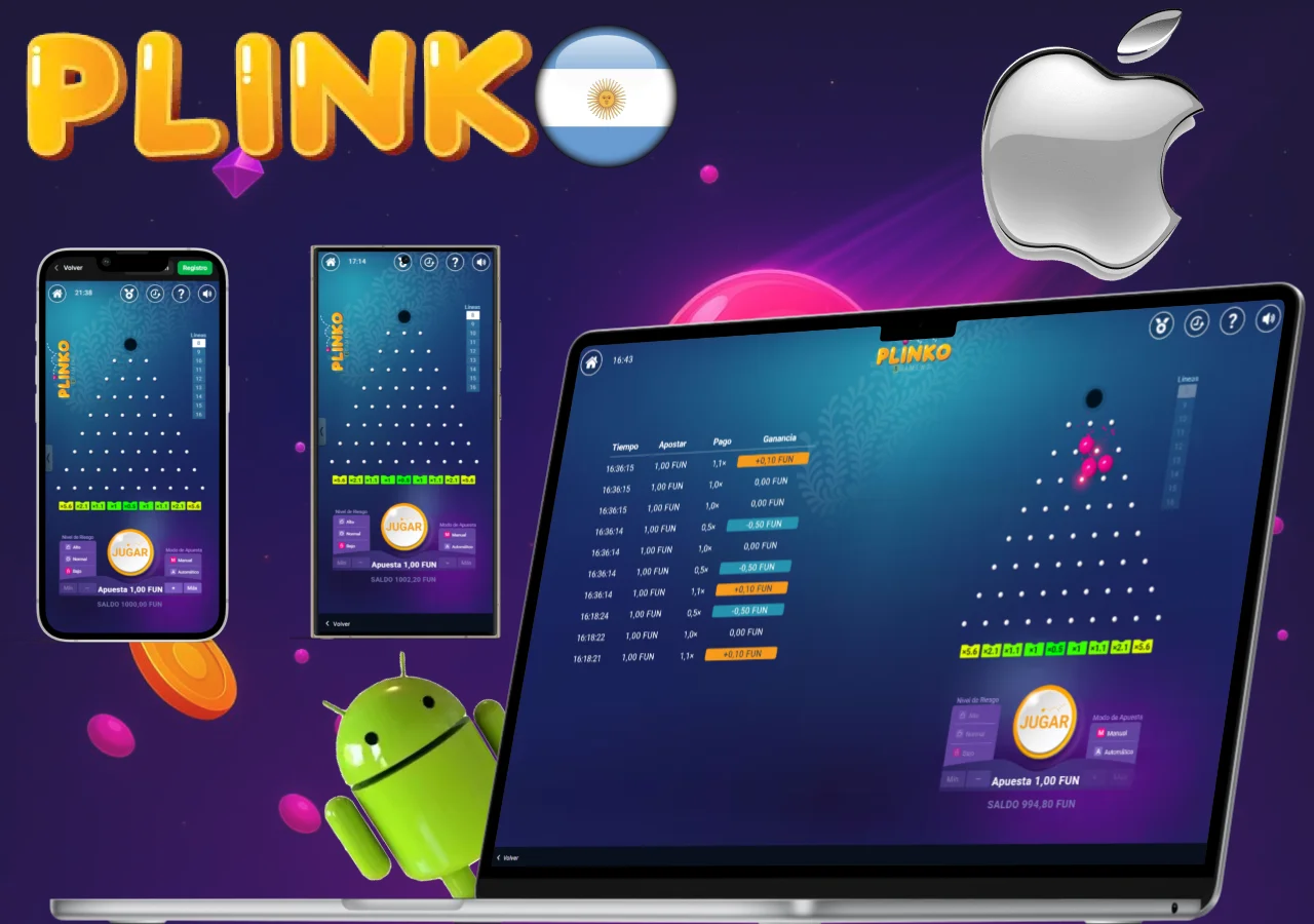 Juego Plinko disponible en dispositivos móviles Android y Apple en Argentina, vista multiplataforma