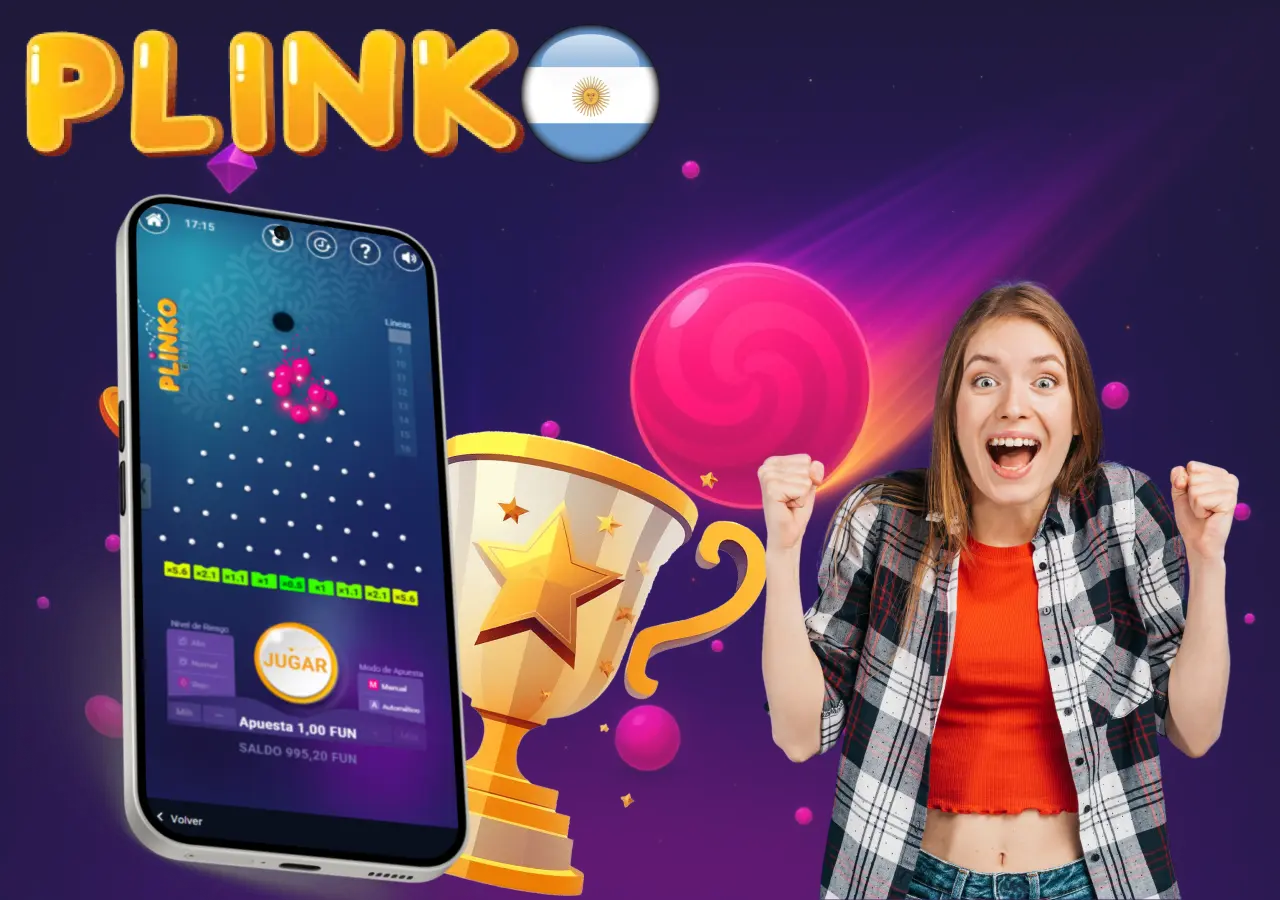 Jugadora emocionada celebrando una victoria en Plinko desde su móvil en Argentina con trofeo de fondo