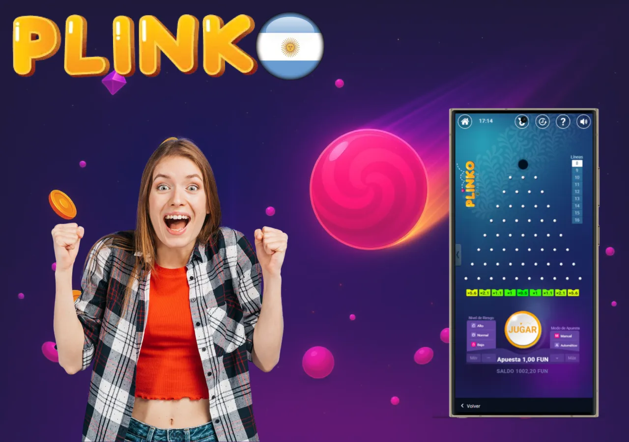 Jugadora feliz ganando en Plinko desde su móvil en casino argentino
